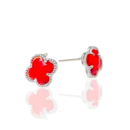 BRINCO TREVO VERMELHO AGUA TRANSPARENTE PRATA 925